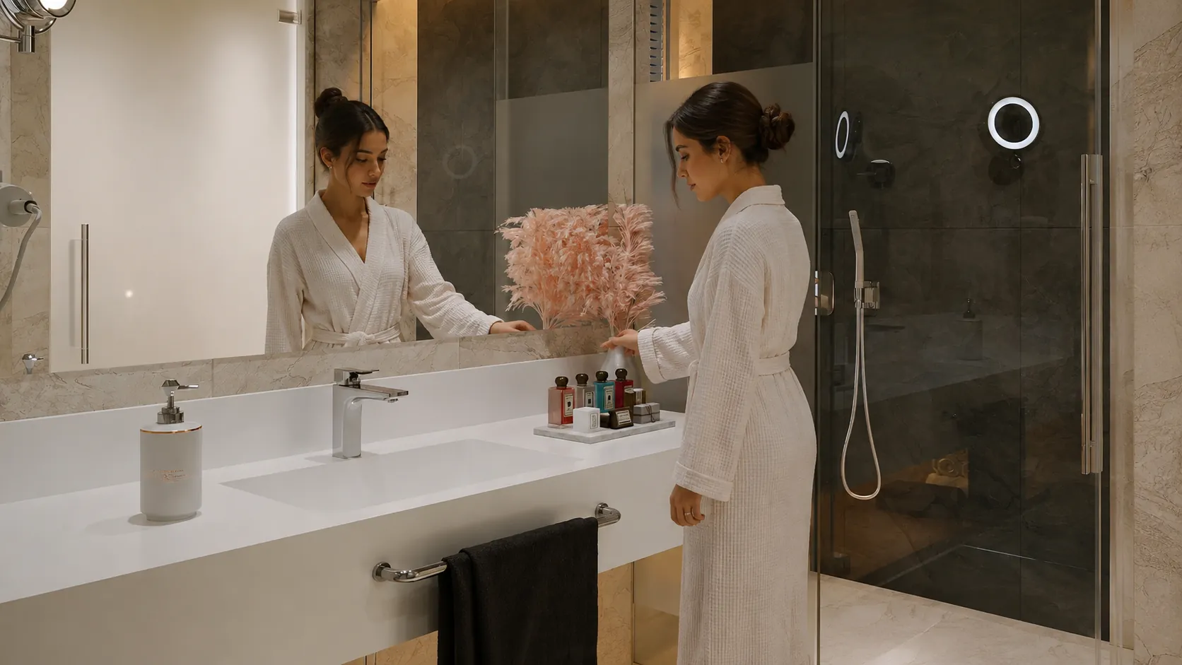 The bathroom, stone and glass